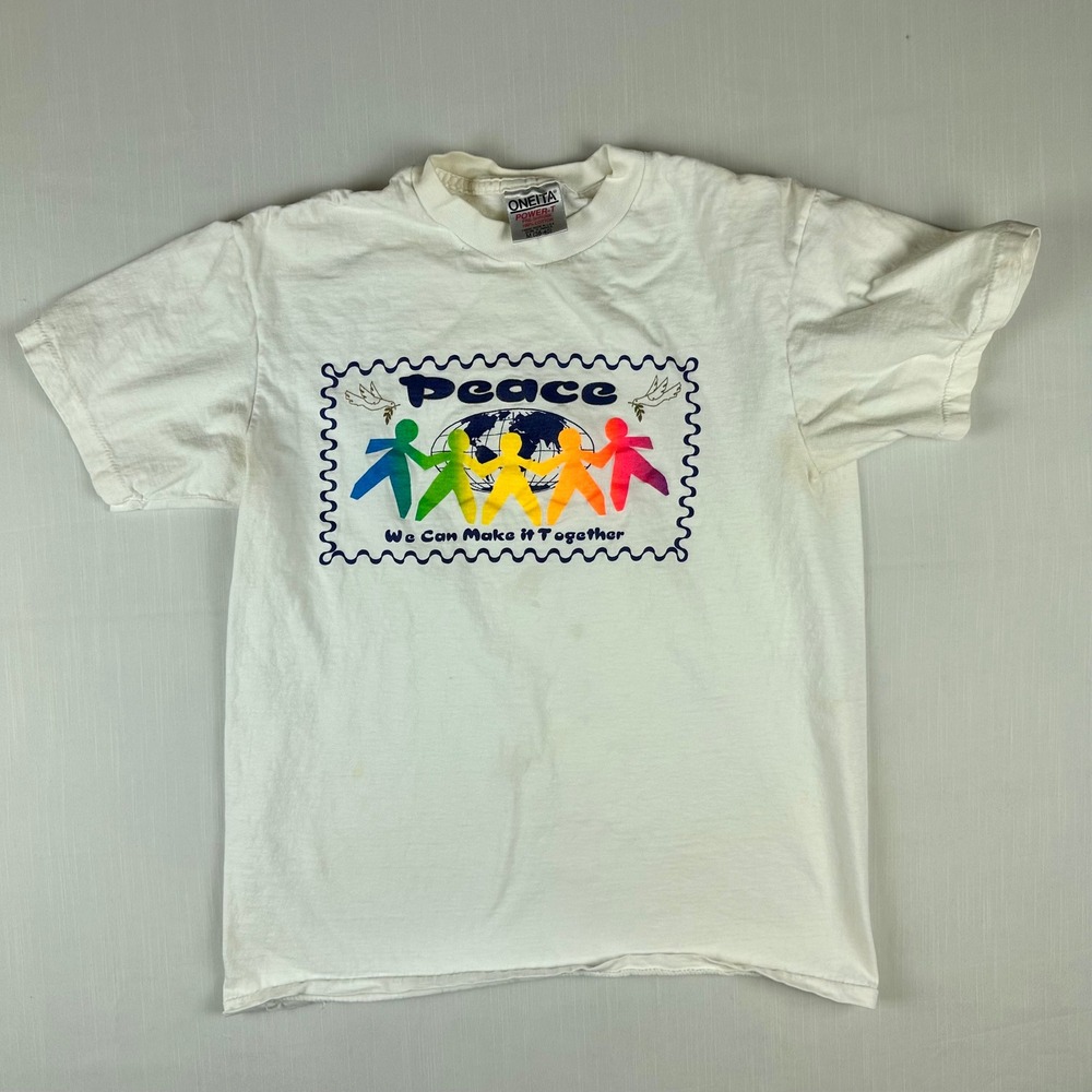 Vintage Oneita Power-T Peace We Can Make it Together Graphic T-Shirt White M